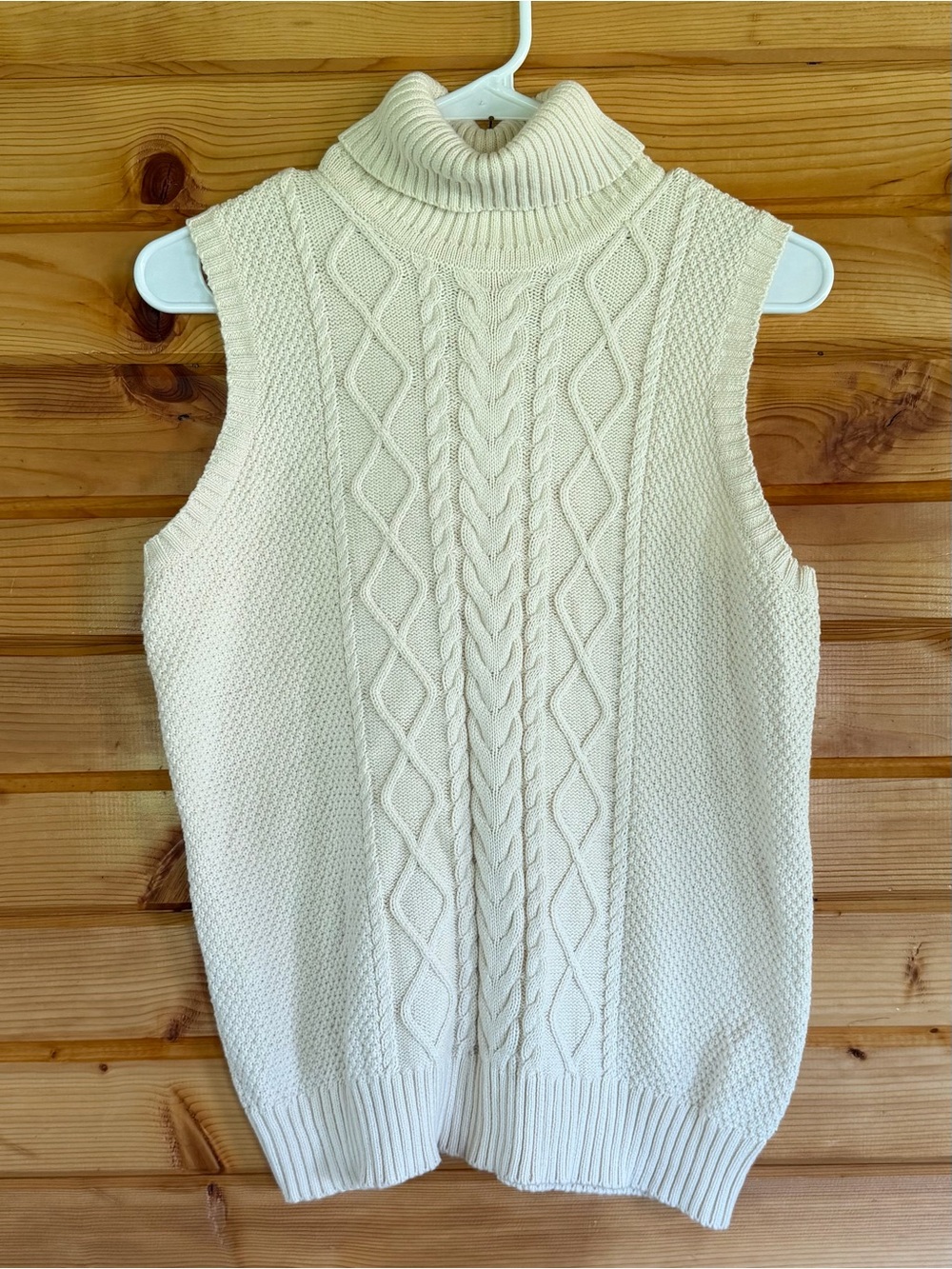 Cream Cable-Knit Sleeveless Turtleneck Sweater Vest - 100% organic cotton